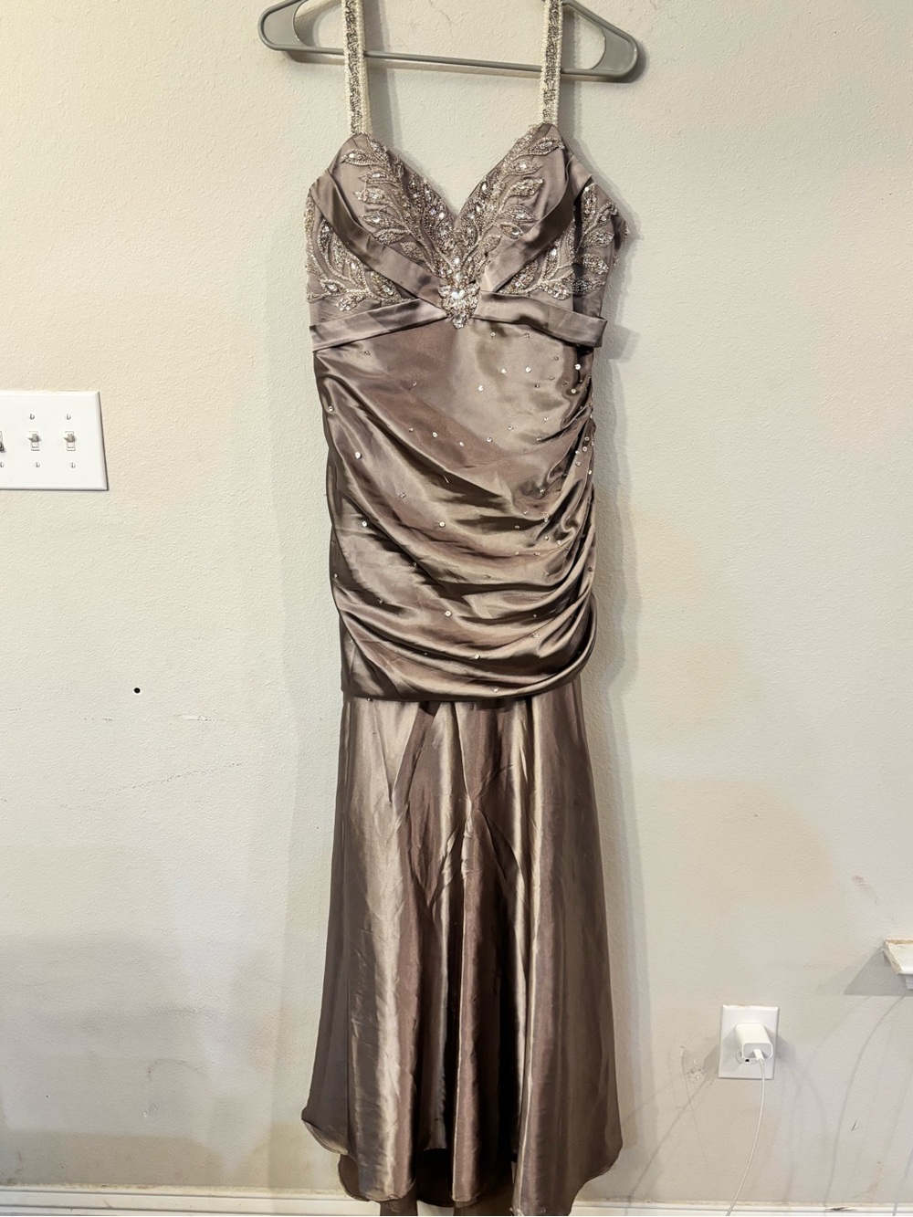 Embellished Satin Prom Gown in Taupe